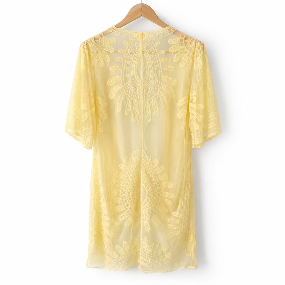 Rebellion Again Kimono Womens Small Yellow Sheer Embroidered Open Front Boho - Picture 2 of 8